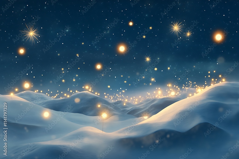 New Year Fireworks with Bright Glowing Lights Over Snow-covered Hills New Year Fireworks with Bright Glowing Lights Over Snow-covered Hills