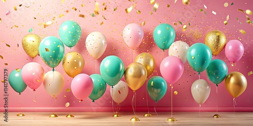 A festive collection of pastel and gold balloons floating against a pink backdrop with confetti