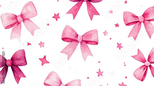 Whimsical patterns of pink ribbons and stars dance across a white background, exuding joy and festivity, perfect for celebrations like birthdays and parties.