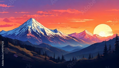European mountain from side view at sun set flat art design illustration for postcard
