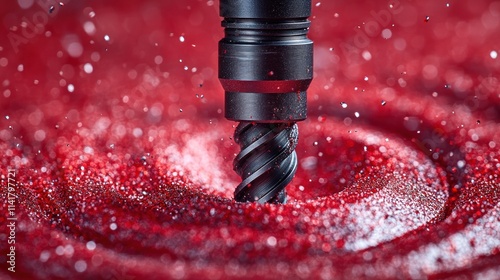 Metal drill bit cutting through red material creating a swirling pattern with water droplets. photo