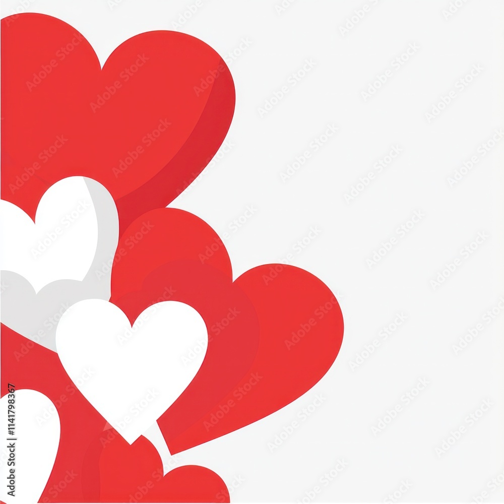 Red and white hearts overlapping in a minimalist flat design on a solid backdrop. Red and white hearts overlapping in a minimalist flat design on a solid backdrop.