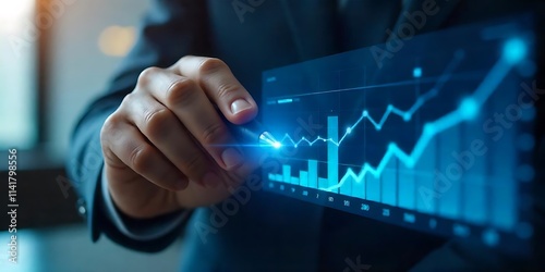 Hand Interacting with Holographic Financial Charts and Data Analysis