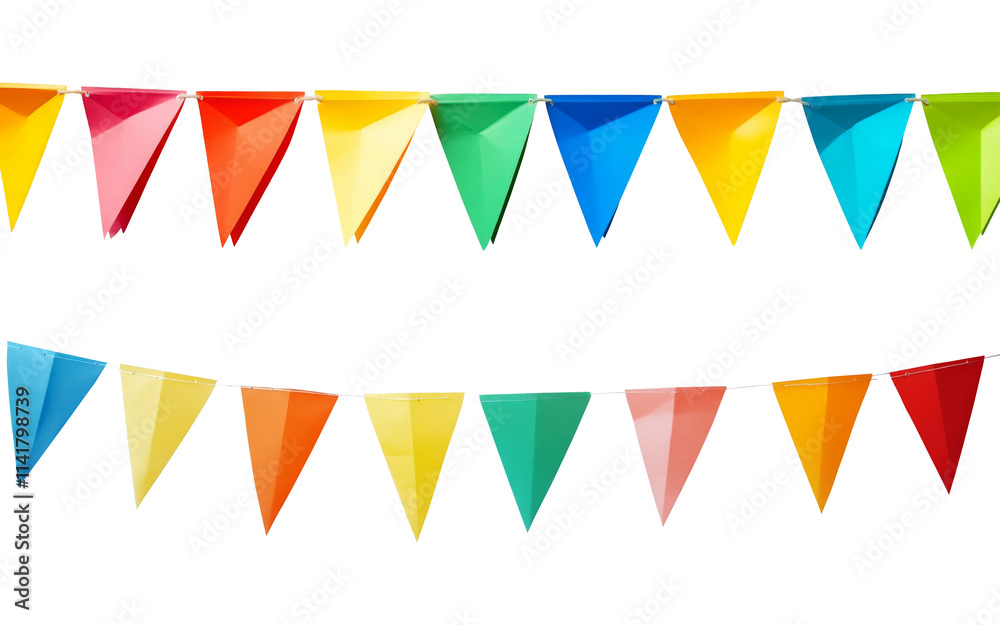 Colorful triangular party flags hanging in a row for celebration isolated on transparent background.