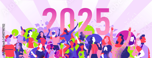 Colorful vector illustration of diverse people celebrating together under the bold "2025" text, symbolizing unity, joy, and a vibrant future.