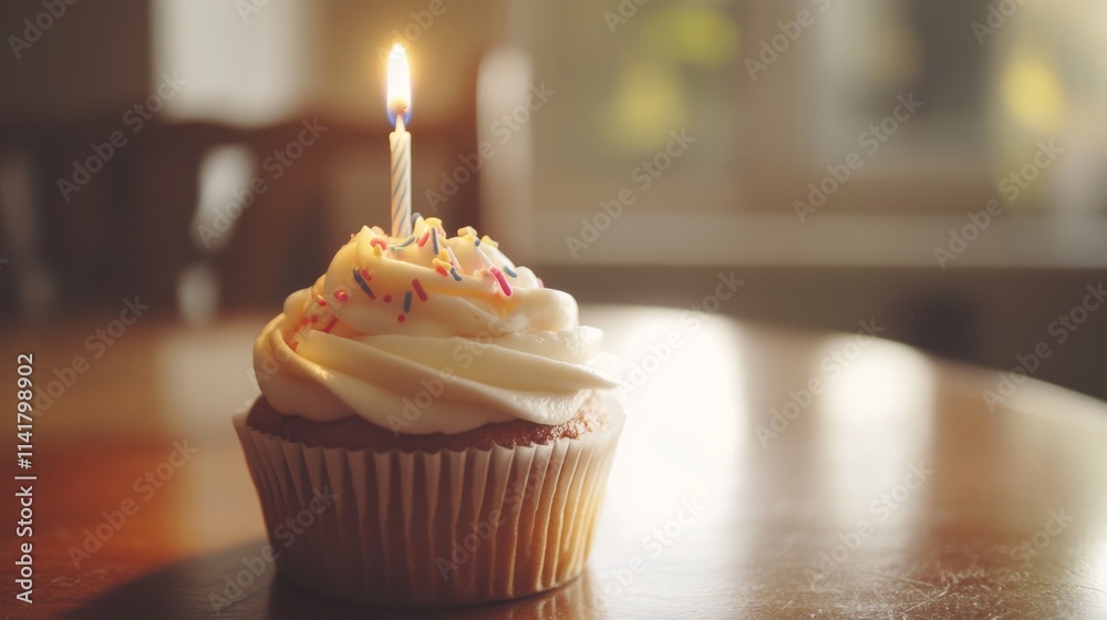 Delicious birthday cupcake with lit candle and sprinkles, perfect for celebration themes, party invitations, and festive dessert visuals featuring a warm glow and vibrant decoration on a blurred light Delicious birthday cupcake with lit candle and sprinkles, perfect for celebration themes, party invitations, and festive dessert visuals featuring a warm glow and vibrant decoration on a blurred light