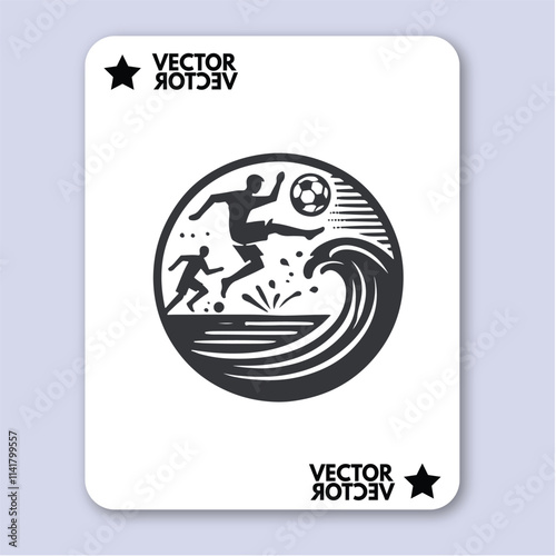 People play beach soccer. Active sports sea sandy coast. Guys pass ball each other on tropical beach. Open training for professionals and fun team game vacationers. Vector flat illustration isolated