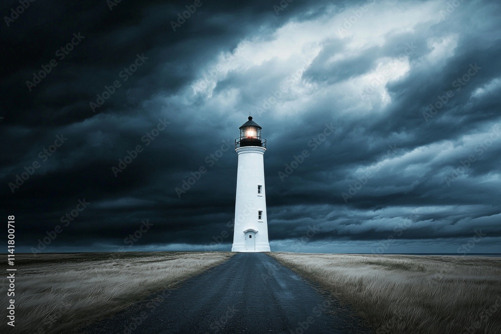 A white lighthouse stands in the middle of an empty field, under dark, stormy clouds. 