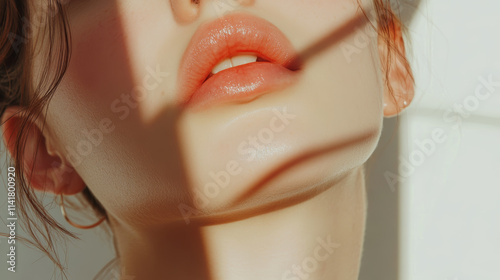 Soft sunlight illuminates woman's face creating beautiful shadows in a serene indoor setting