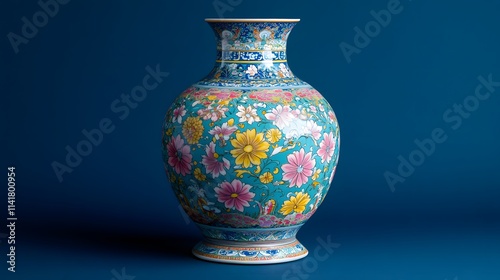 Beautifully crafted traditional oriental vase with floral motifs and vibrant colors on an isolated background, representing cultural artistry photo