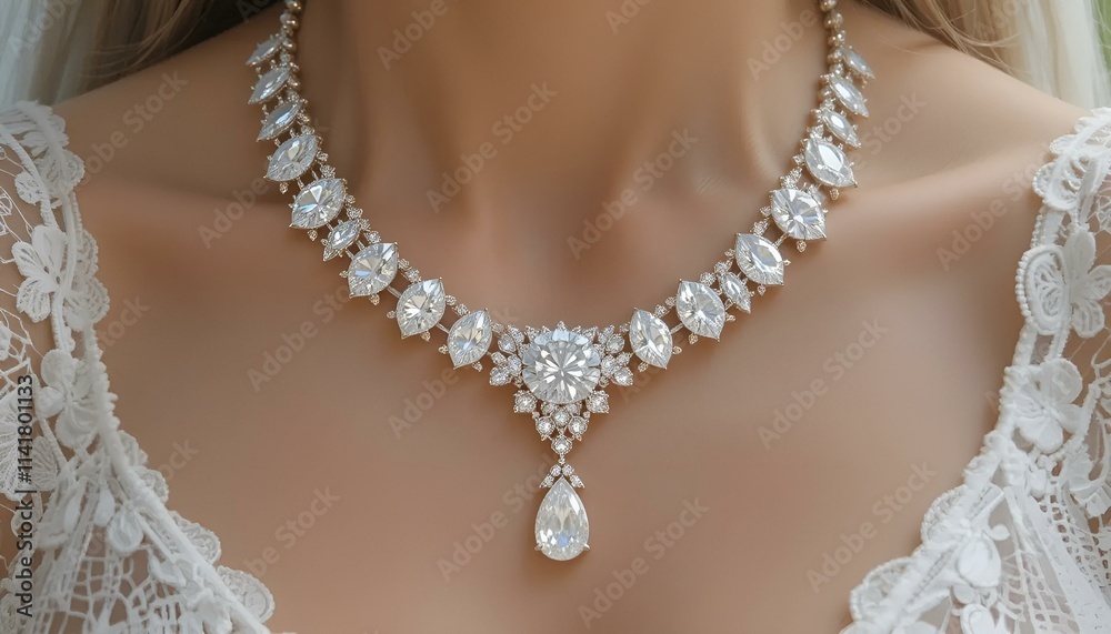 Elegant diamond necklace featuring sparkling gemstones displayed on a woman's neck