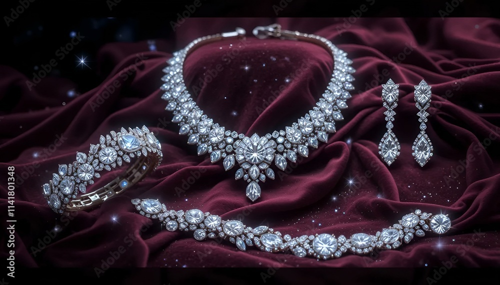 Obraz premium Luxurious diamond jewelry set featuring elegant necklace, earrings, and bracelet on a deep red background