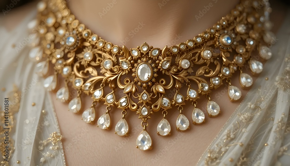 Exquisite gold and pearl necklace with ornate design on a woman's neckline Exquisite gold and pearl necklace with ornate design on a woman's neckline