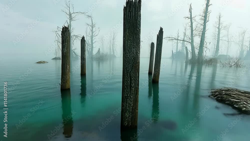Mysterious mist envelops an eerie forest on water during early morning hours Mysterious mist envelops an eerie forest on water during early morning hours