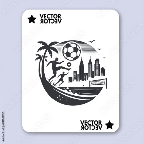 People play beach soccer. Active sports sea sandy coast. Guys pass ball each other on tropical beach. Open training for professionals and fun team game vacationers. Vector flat illustration isolated