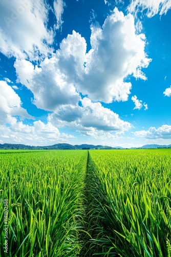 Vast green rice fields, with distant mountains and blue sky in the background. There is an open path between two rows of paddy field plants.