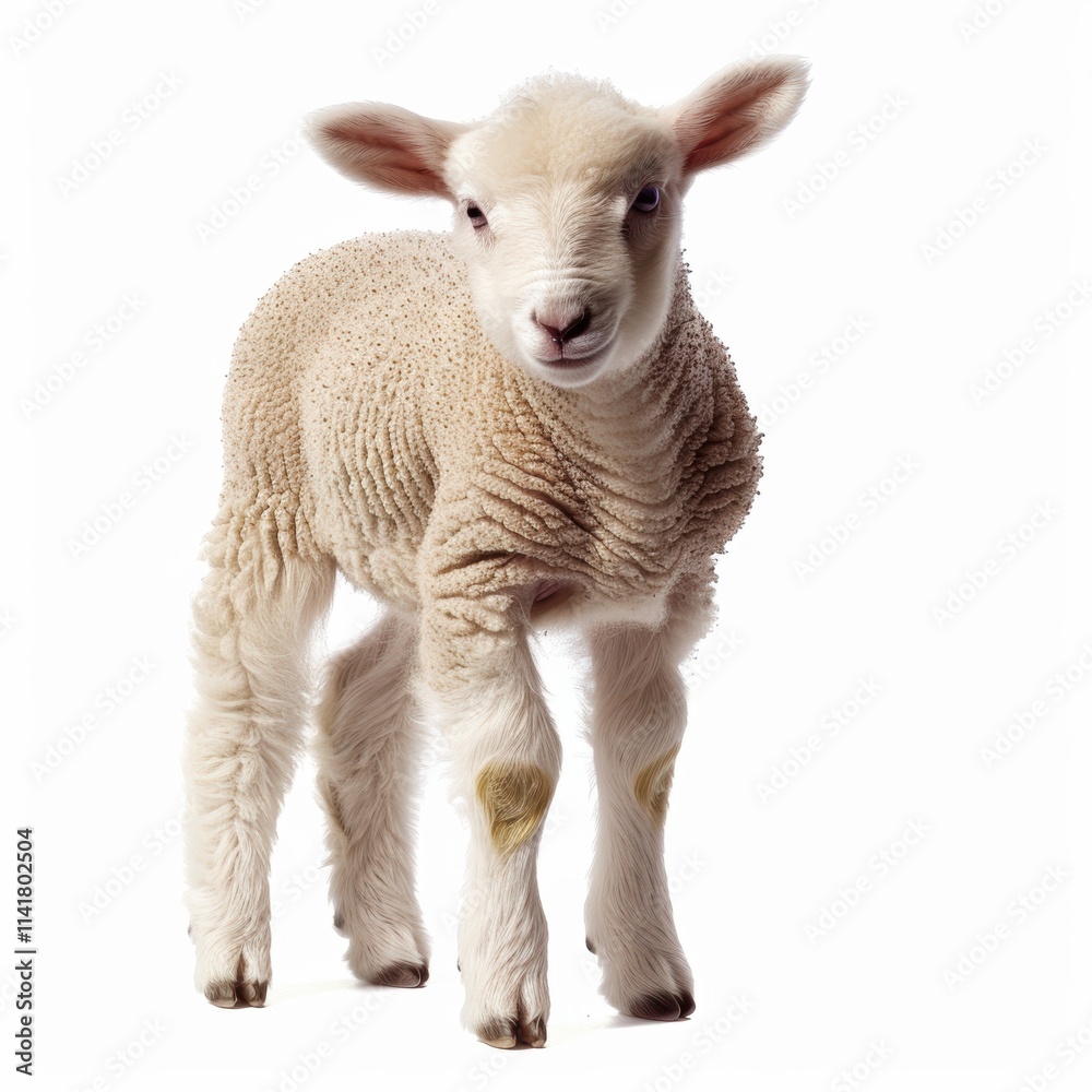 A fluffy white lamb stands playfully, looking curiously at the camera against a plain white background
