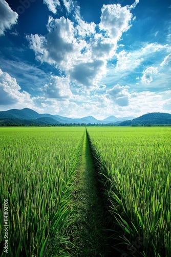 Vast green rice fields, with distant mountains and blue sky in the background. There is an open path between two rows of paddy field plants.