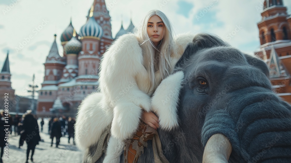 A striking figure rides a gentle elephant against a backdrop of beautiful, colorful domes under a clear winter sky, capturing the charm of a bustling historic square. A striking figure rides a gentle elephant against a backdrop of beautiful, colorful domes under a clear winter sky, capturing the charm of a bustling historic square.