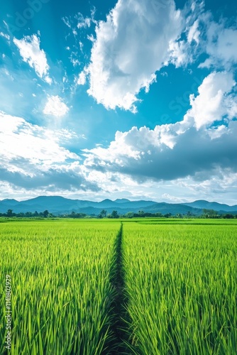 Vast green rice fields, with distant mountains and blue sky in the background. There is an open path between two rows of paddy field plants.