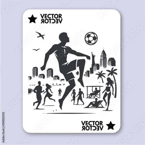 People play beach soccer. Active sports sea sandy coast. Guys pass ball each other on tropical beach. Open training for professionals and fun team game vacationers. Vector flat illustration isolated