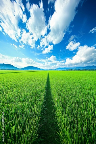Vast green rice fields, with distant mountains and blue sky in the background. There is an open path between two rows of paddy field plants.