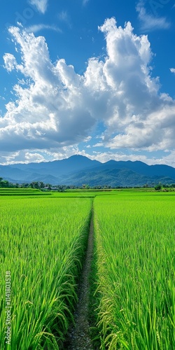 Vast green rice fields, with distant mountains and blue sky in the background. There is an open path between two rows of paddy field plants.