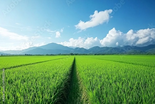 Vast green rice fields, with distant mountains and blue sky in the background. There is an open path between two rows of paddy field plants.