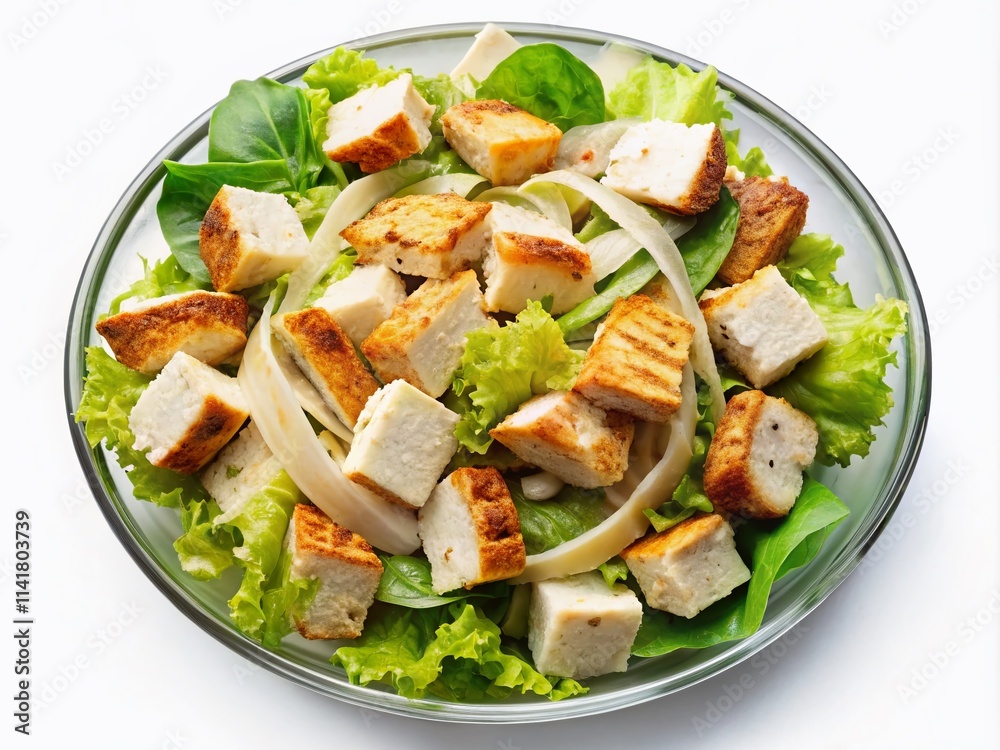 Top View of a Fresh Caesar Salad with Grilled Chicken Isolated on White Background for Culinary and Health Food Photography