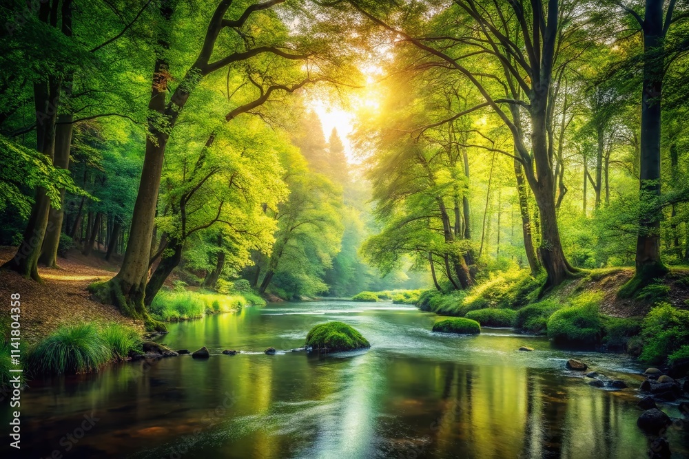 Tranquil riverbank adorned with mature trees, encircled by a lush forest, creates a serene and peaceful green landscape, inviting relaxation and natural beauty. Tranquil riverbank adorned with mature trees, encircled by a lush forest, creates a serene and peaceful green landscape, inviting relaxation and natural beauty.