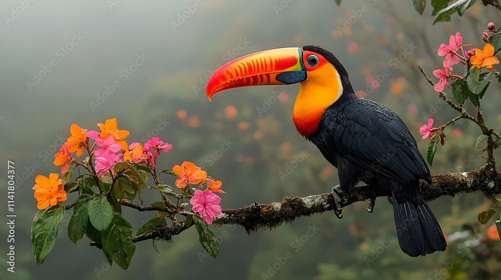 Obraz premium A colorful bird is perched on a branch of a tree with pink flowers