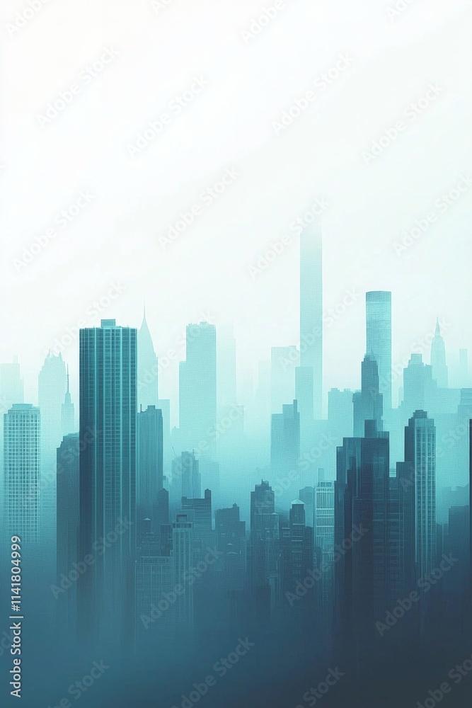 Abstract cityscape background with skyscrapers and fog, a blue-green gradient color on a white background. Abstract cityscape background with skyscrapers and fog, a blue-green gradient color on a white background.