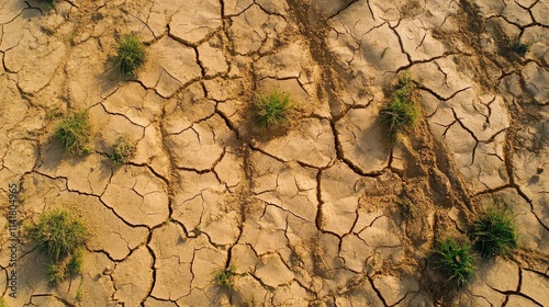 Parched ground showcases deep cracks with hardy grass growing through, reflecting the struggle for survival in an arid environment on a sunny day. Nature's resilience shines through. photo