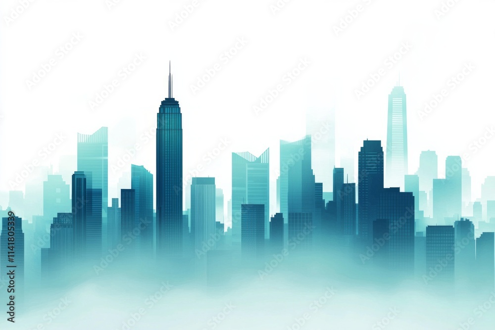 Fototapeta premium Abstract cityscape background with skyscrapers and fog, a blue-green gradient color on a white background. 