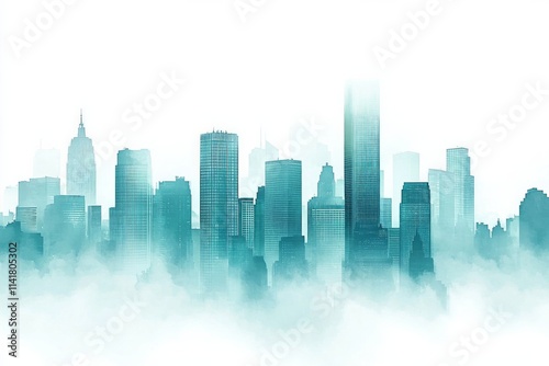 Abstract cityscape background with skyscrapers and fog, a blue-green gradient color on a white background. 