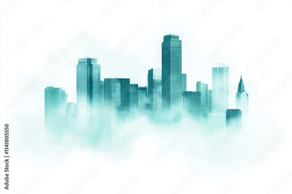 Abstract cityscape background with skyscrapers and fog, a blue-green gradient color on a white background. Abstract cityscape background with skyscrapers and fog, a blue-green gradient color on a white background.