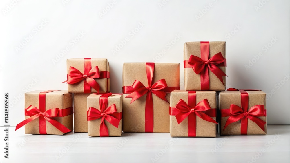 Fototapeta premium Trendy craft paper boxes adorned with red bows, perfect for minimalistic gift presentations during Christmas, New Year, and Valentineâ€™s Day celebrations on a white background.