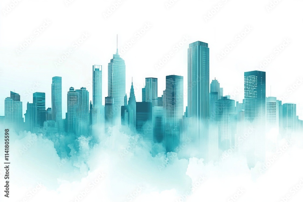 Abstract cityscape background with skyscrapers and fog, a blue-green gradient color on a white background. Abstract cityscape background with skyscrapers and fog, a blue-green gradient color on a white background.