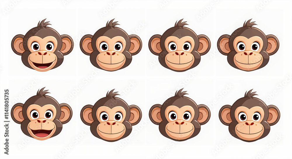 Playful Cartoon Monkey Faces Illustration Set Featuring Different Expressions for Kids and Design Projects Playful Cartoon Monkey Faces Illustration Set Featuring Different Expressions for Kids and Design Projects