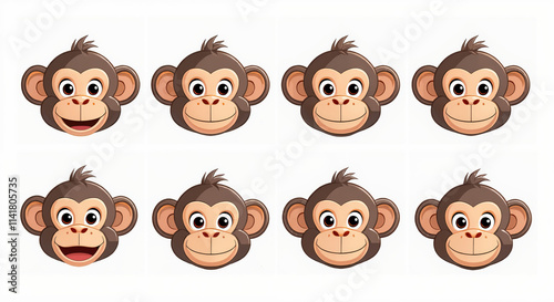 Playful Cartoon Monkey Faces Illustration Set Featuring Different Expressions for Kids and Design Projects