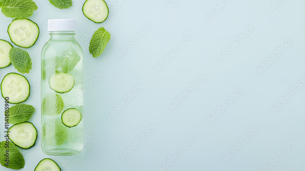 A bottle of sparkling water with cucumber and mint served in a refreshing and healthy way, perfect for summer hydration, wellness, and natural flavors, ideal for promoting a healthy lifestyle and refr A bottle of sparkling water with cucumber and mint served in a refreshing and healthy way, perfect for summer hydration, wellness, and natural flavors, ideal for promoting a healthy lifestyle and refr