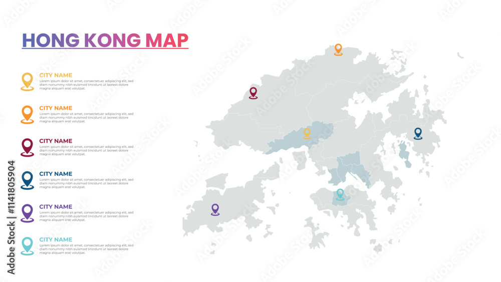 Naklejka premium Hong Kong Modern Map Infographic Template, Detailed infographic map of Hong Kong Popular City