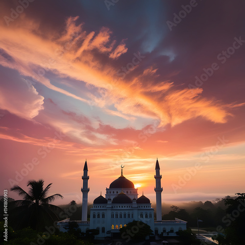 A large building with towers and a dome on top with trees and a sunset photo