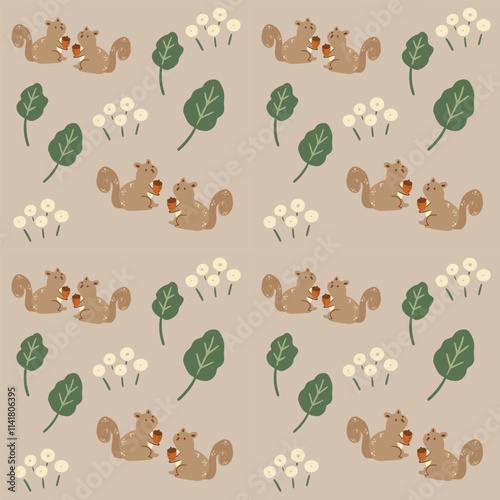 Brown hand drawn squirrel animals and floral seamless pattern vector