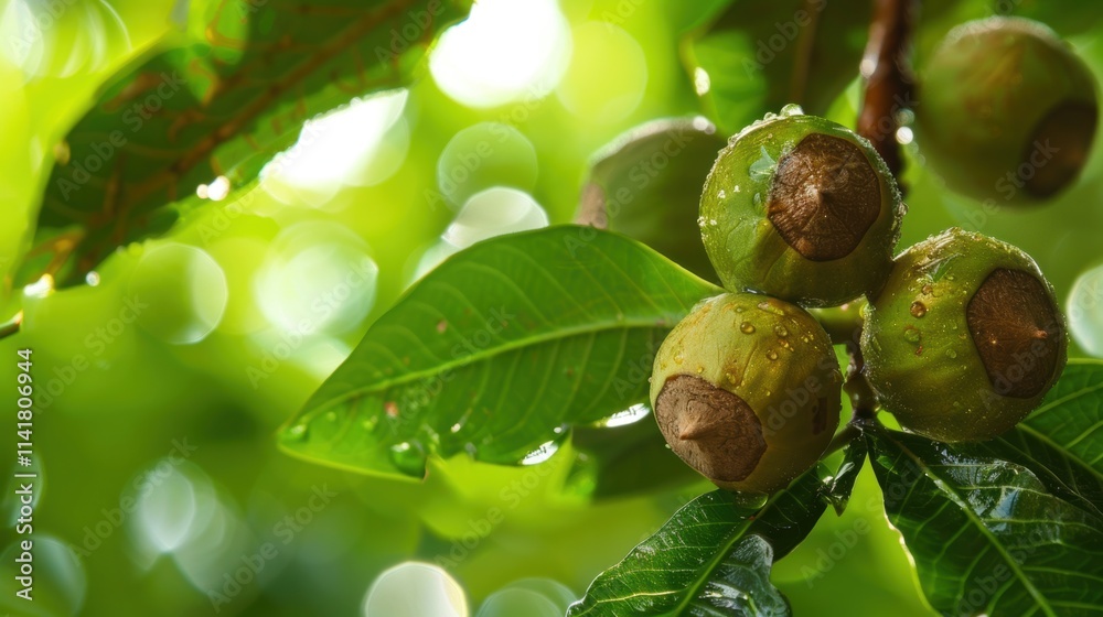 Obraz premium Close-up of green fruits with brown caps on lush green leaves, glistening with droplets in a vibrant, sunlit forest setting.