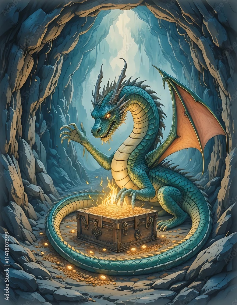 Obraz premium Watercolor A dragon curled around a treasure hoard in a glowing cave