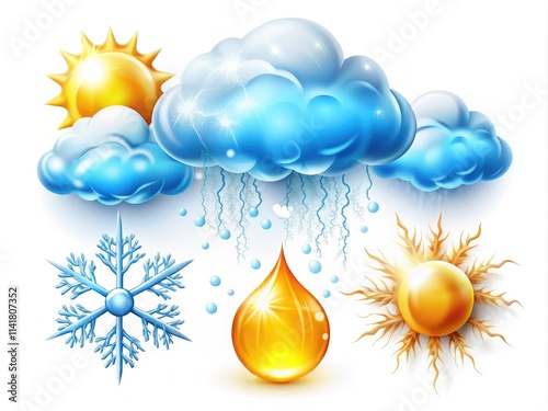 Vector weather icons include cloud with rain, lightning, snow, sun, snowflake, and fog, all designed on a white background for seamless digital integration. photo