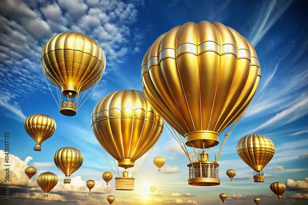 Fototapeta premium Vibrant 3D golden hot air balloons with lavish gold baskets, isolated against a white backdrop, evoke summer adventures and travel themes in a stunning vector illustration.