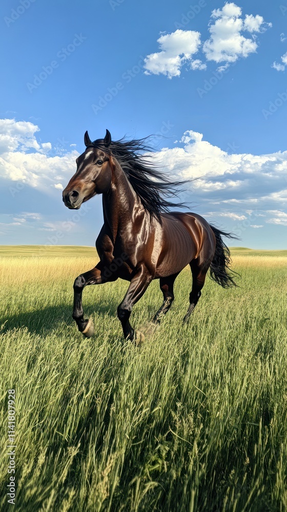 A majestic black horse galloping through a lush green field under a blue sky. A majestic black horse galloping through a lush green field under a blue sky.