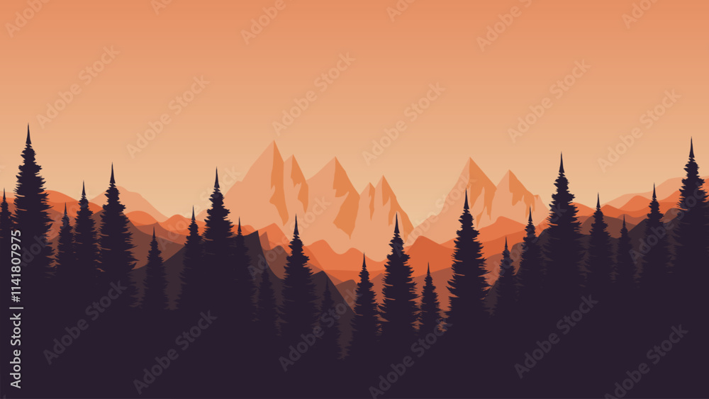 Fototapeta premium sunset over the mountains silhouette vector illustration for background, wallpaper, background template, backdrop design, advertising, ads, and business 